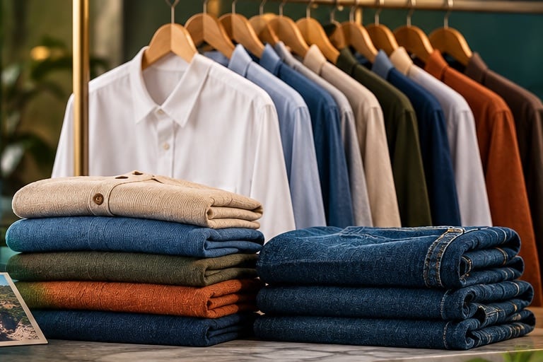 Neatly arranged shirts and folded garments in a premium retail setting