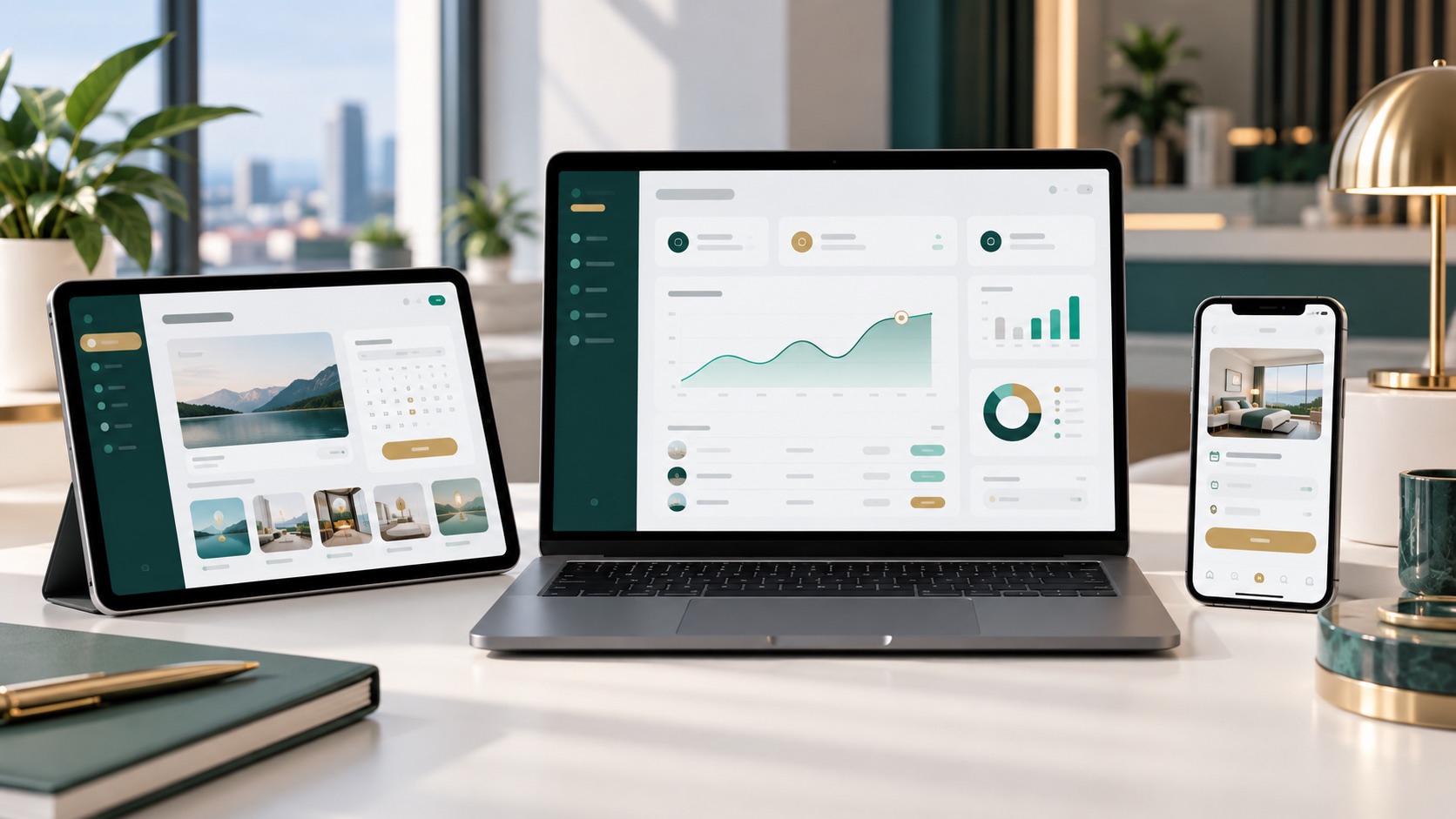 Mobile, tablet, and laptop app interfaces with dashboards and workflow screens