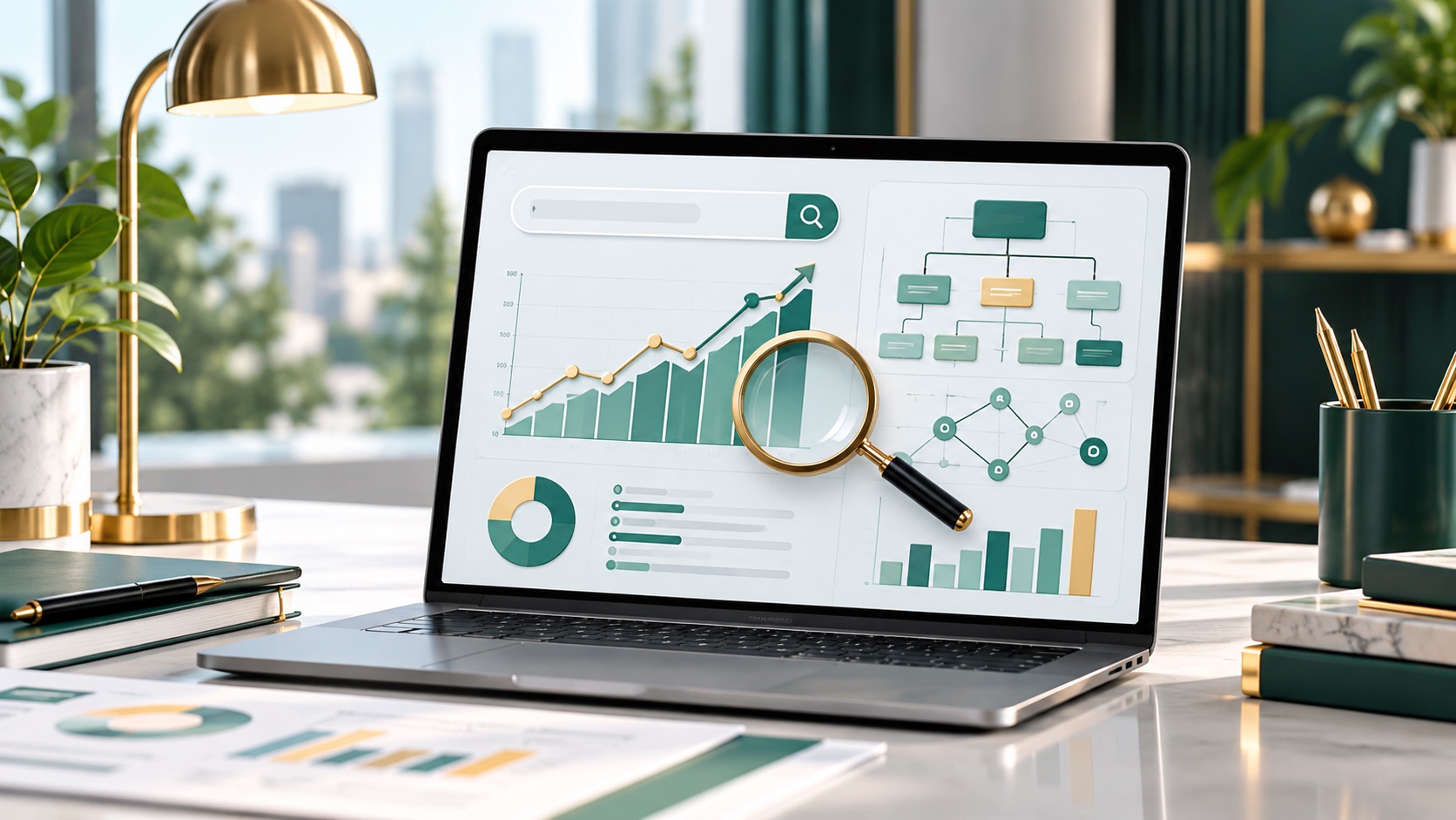 SEO analytics dashboard with charts, sitemap structure, and search elements