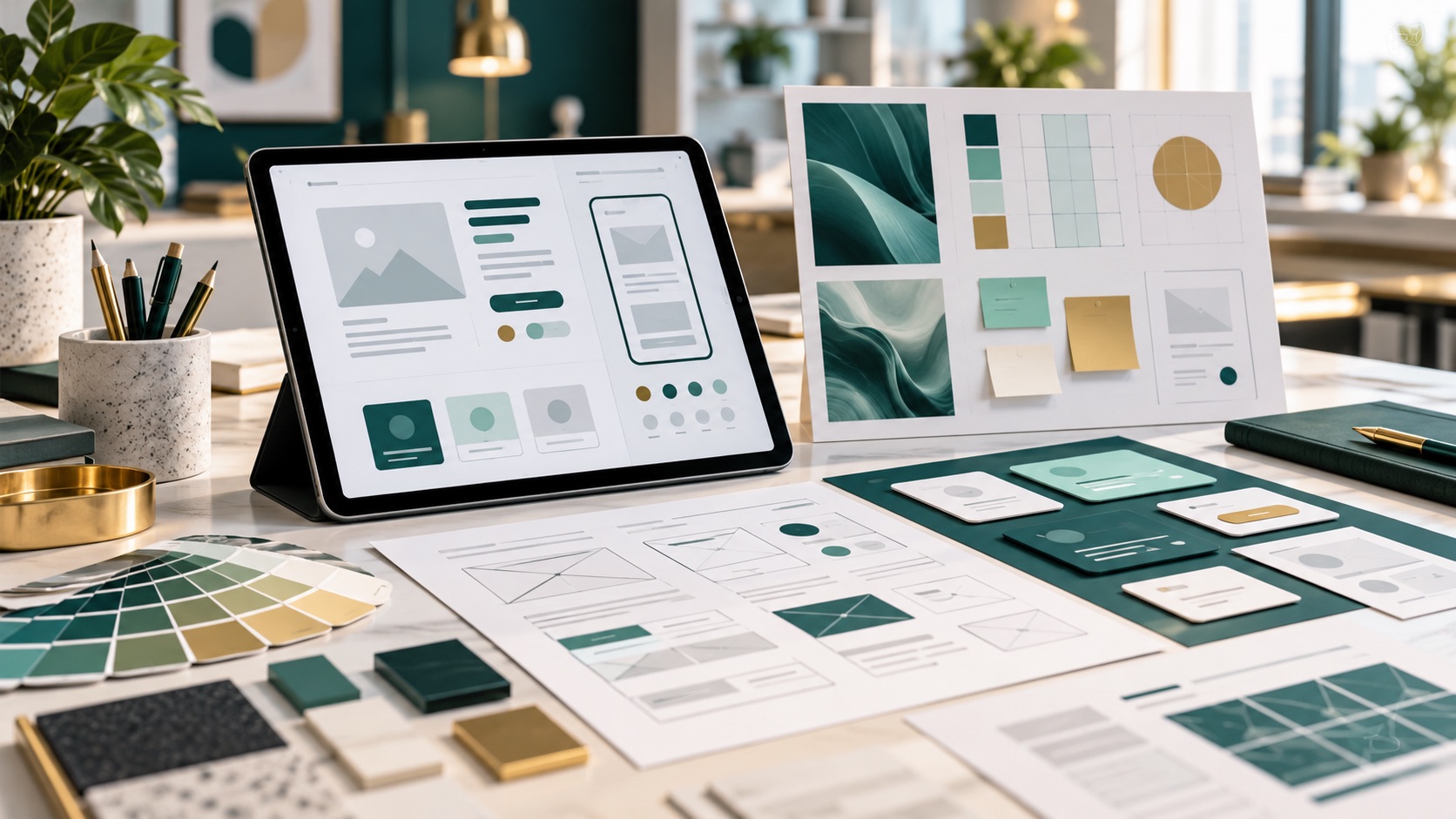 UI and UX design workspace with wireframes, interface cards, and color swatches