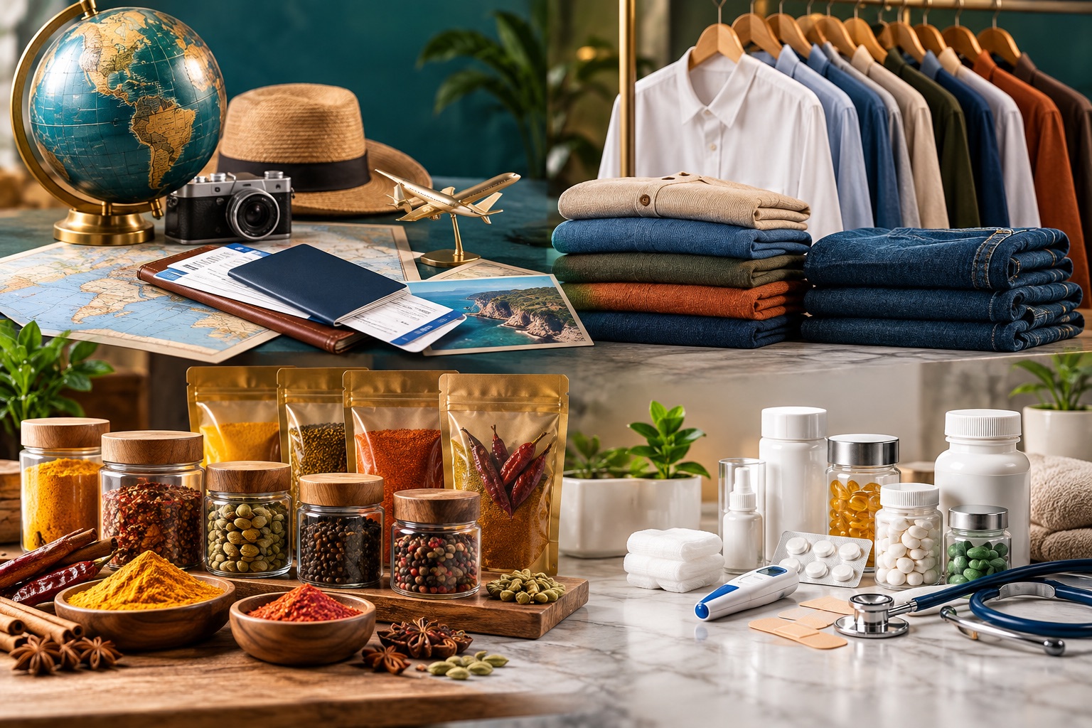 Verve Solutions business portfolio covering travel, garments, packaged spices, and healthcare products