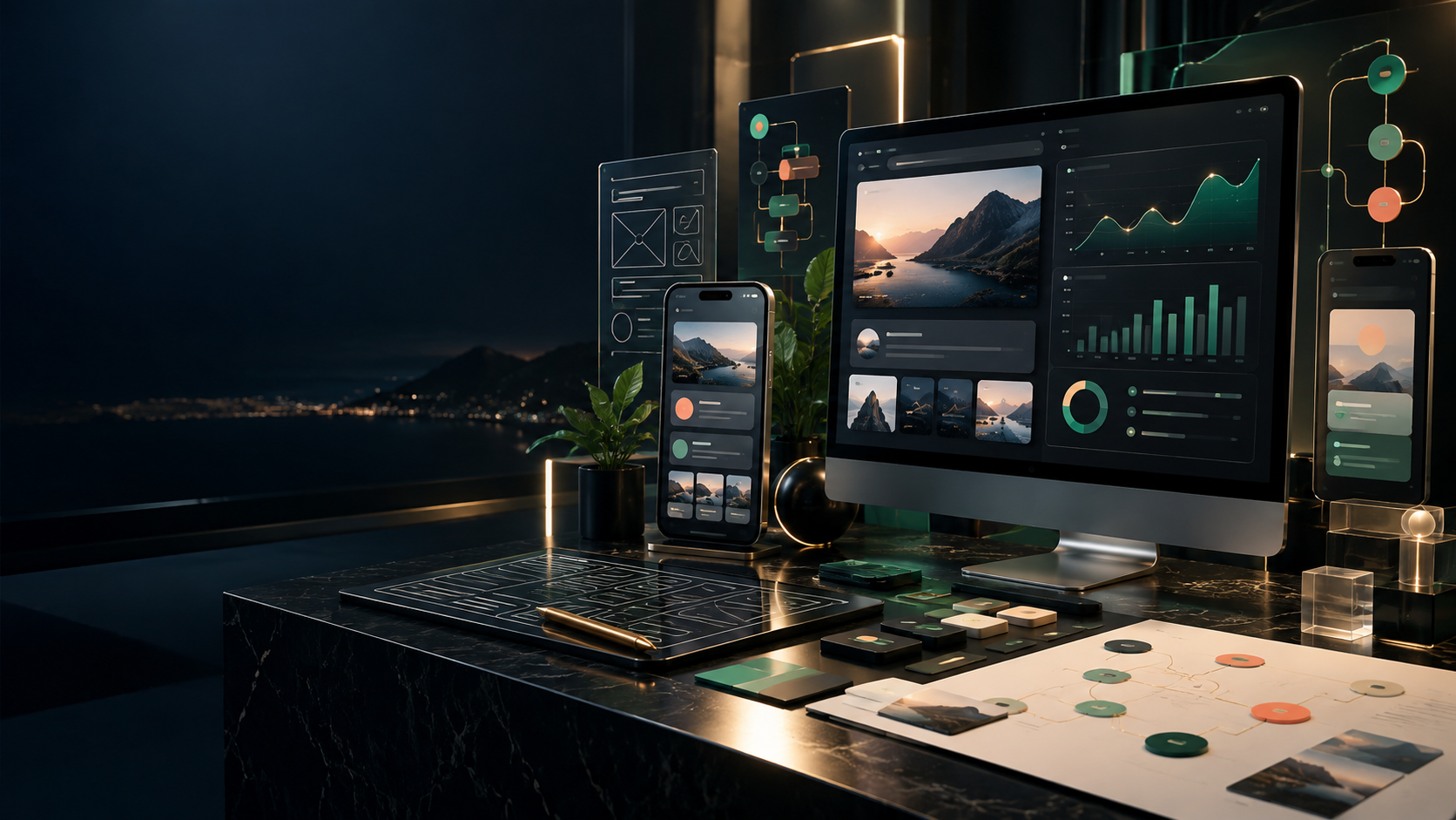Website and app planning workspace with digital service visuals